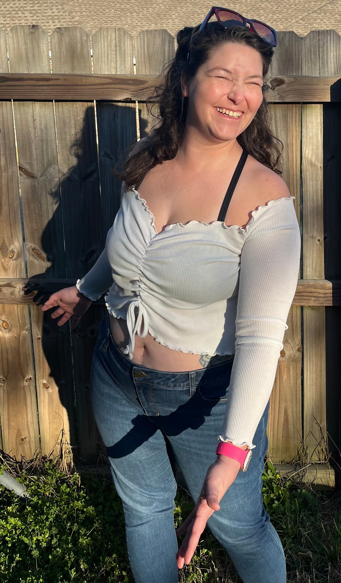 Long Sleeve White Scallop Crop Top